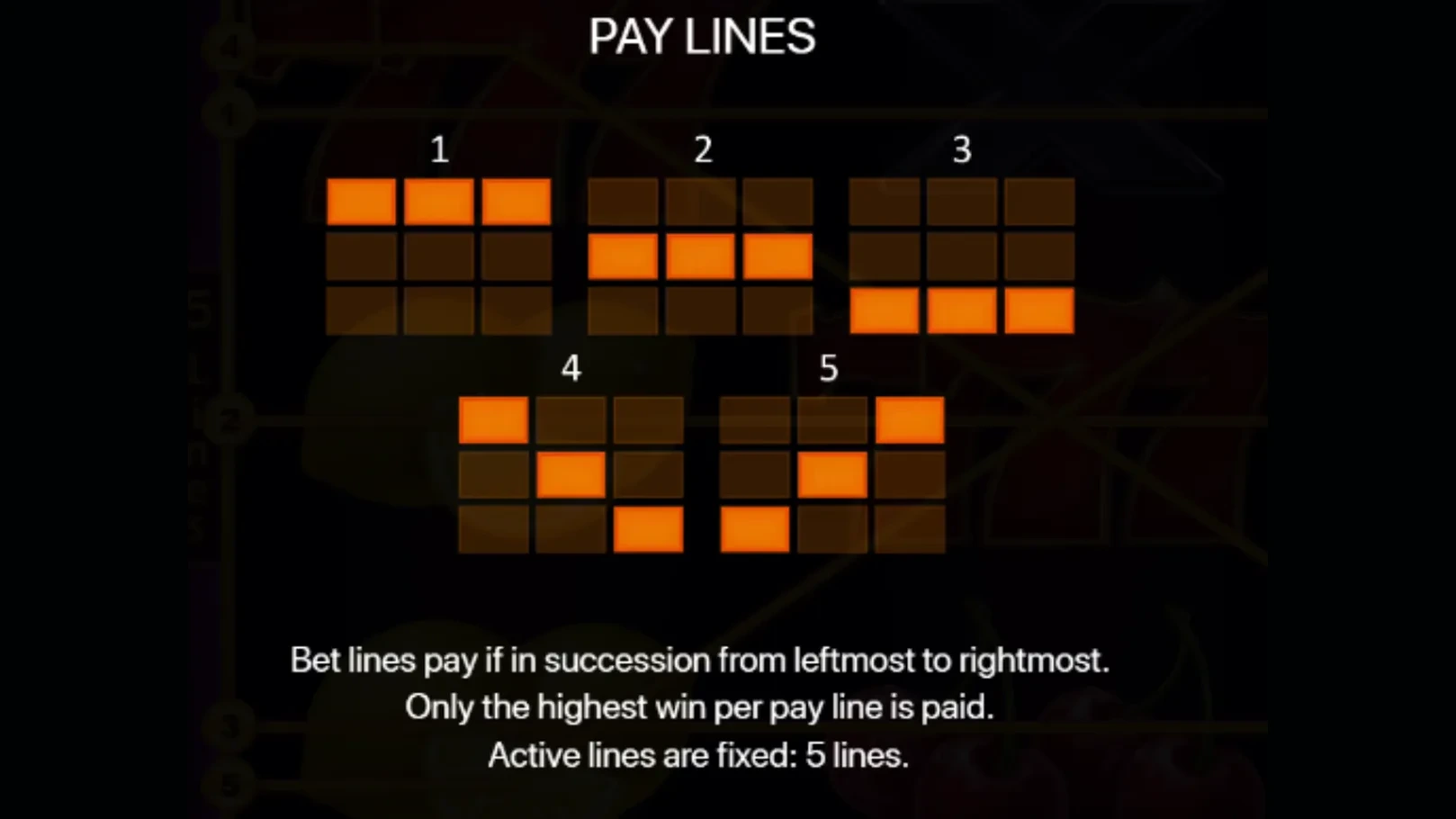 Burning Wins classic 5 lines Pay Lines diagram: five fixed paylines, three rows plus two diagonals on the 3x3 grid