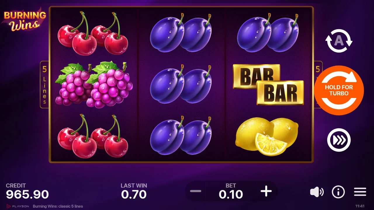 Burning Wins classic 5 lines reel grid at approximately spin 600 with credit display visible, $0.10 bet