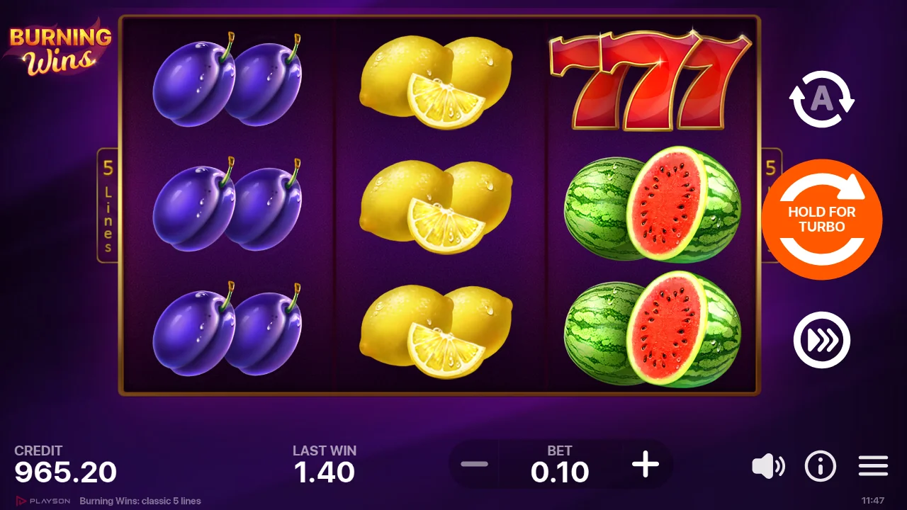 Burning Wins classic 5 lines reel grid at approximately spin 700, $0.10 bet