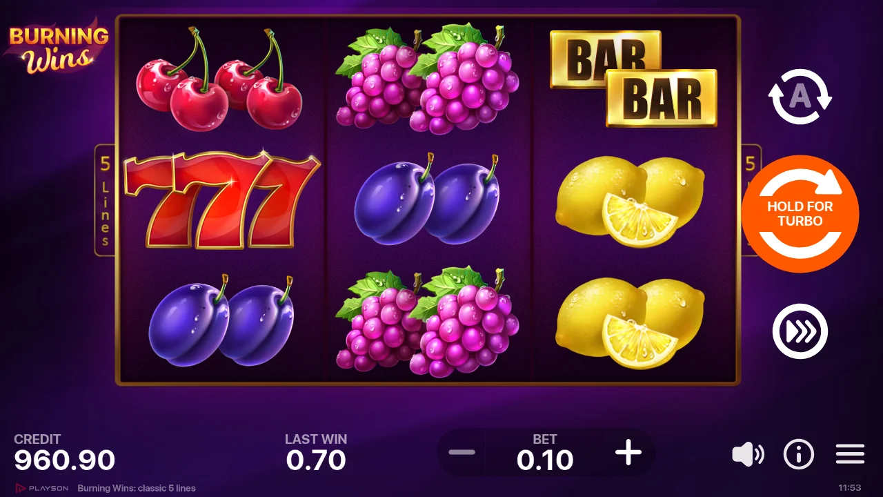 Burning Wins classic 5 lines reel grid at approximately spin 800, $0.10 bet